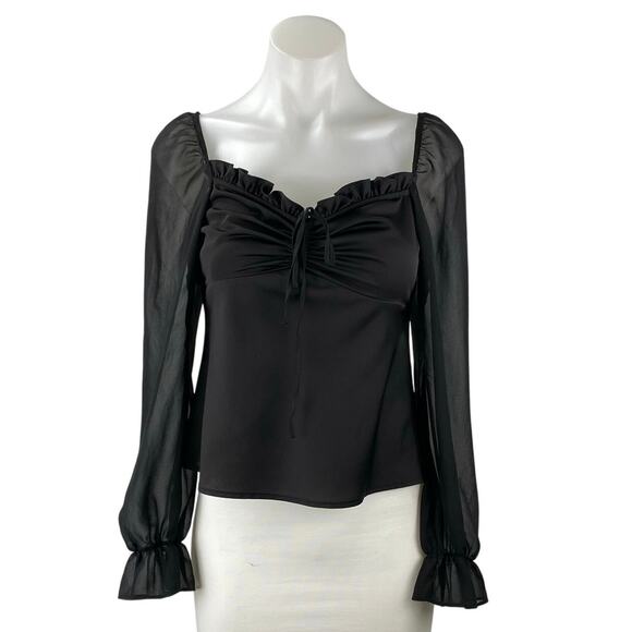 Topshop Women's Black Ruffle Ruched Front Sheer Long Puff Sleeve Blouse Top Sz 4 - Picture 1 of 5